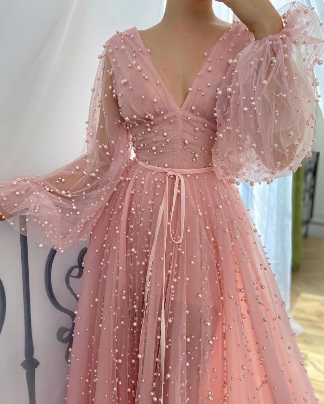 A-line Sleeve Long Beads Prom Dress，Party Dress