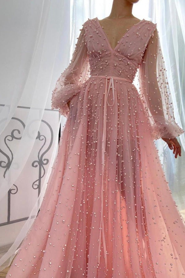 A-line Sleeve Long Beads Prom Dress，Party Dress