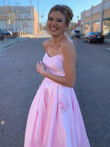 A Line Satin Long Prom with Pockets,  Formal Graduation Evening Dress
