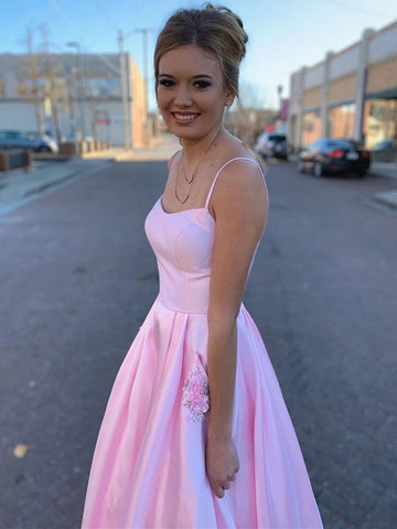 A Line Satin Long Prom with Pockets,  Formal Graduation Evening Dress