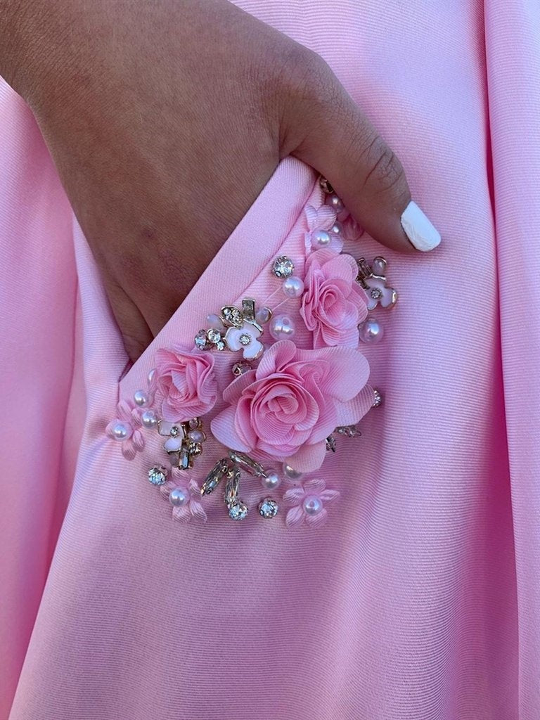 A Line Satin Long Prom with Pockets,  Formal Graduation Evening Dress