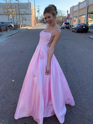 A Line Satin Long Prom with Pockets,  Formal Graduation Evening Dress