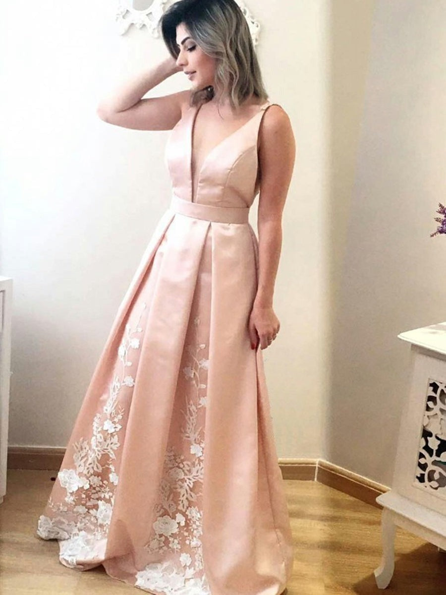 Pink A Line V Neck Floor Length Lace Appliques Pleated Satin Long Prom, Formal Graduation Evening Dresses