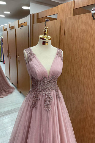 Sleeveless V-Neck Tulle Long Prom Dress With Appliques