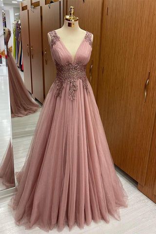 Sleeveless V-Neck Tulle Long Prom Dress With Appliques