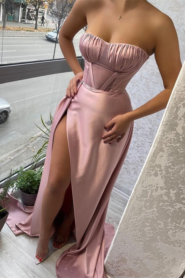 Mermaid Strapless Prom Dress with Pleats, Ruffles, and Slit