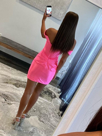 Short Satin Sheath Off the ShoulderHomecoming Dress