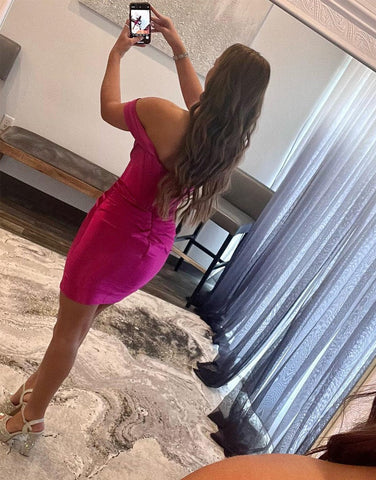 Short Satin Sheath Off the ShoulderHomecoming Dress