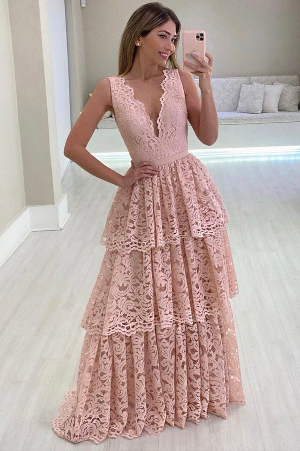 Layered Lace V-neck Long Prom Dress