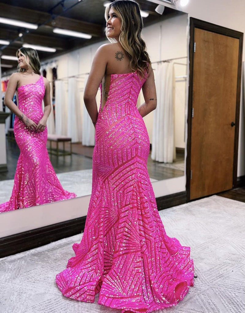 One Shoulder Mermaid Unique  Sequins Prom Dress