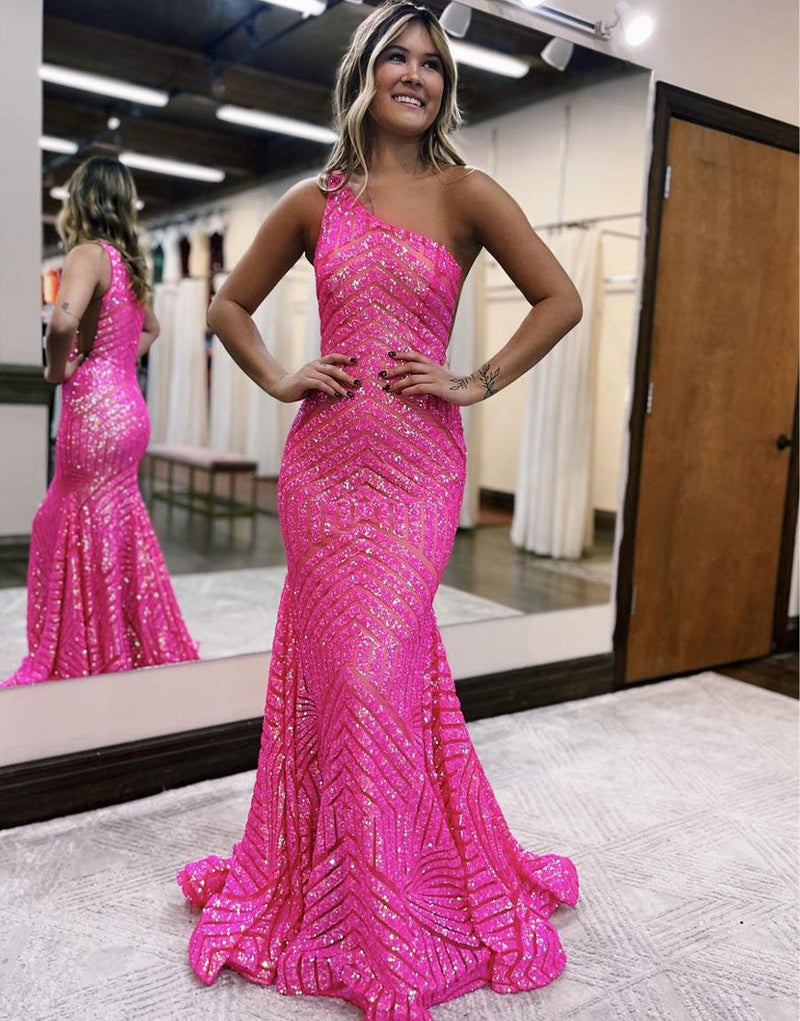 One Shoulder Mermaid Unique  Sequins Prom Dress
