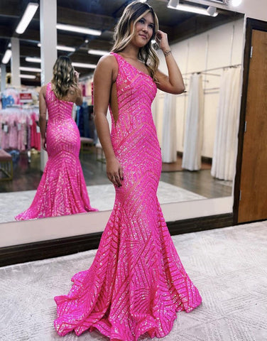 One Shoulder Mermaid Unique  Sequins Prom Dress