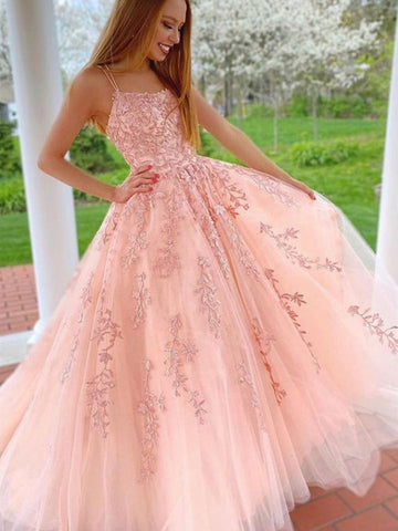Princess Pink Long Lace  Prom with Straps,  Formal Graduation Evening Dresses
