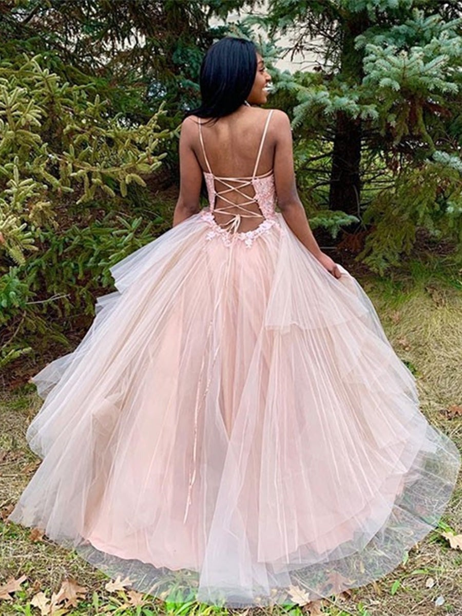 Princess Lace V Neck  Appliques Pink Long Prom, Formal, Evening