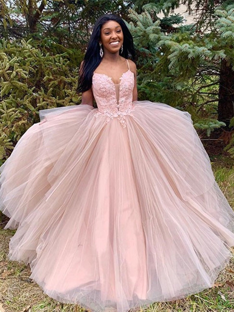 Princess Lace V Neck  Appliques Pink Long Prom, Formal, Evening