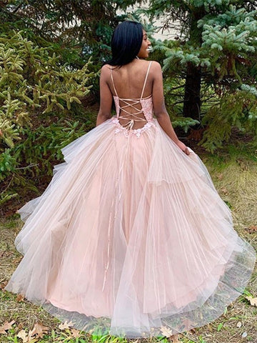 Princess Lace V Neck  Appliques Pink Long Prom, Formal, Evening