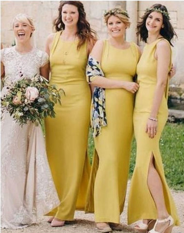Elegant Sleeveless Round - Neck Yellow Midi Bridesmaid Dresses with Subtle Sheen