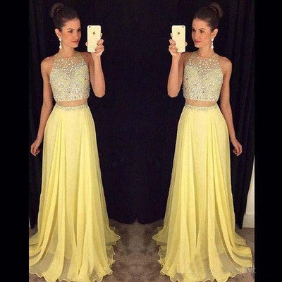 Women's Embellished Halter Neck Long Yellow Evening Dress