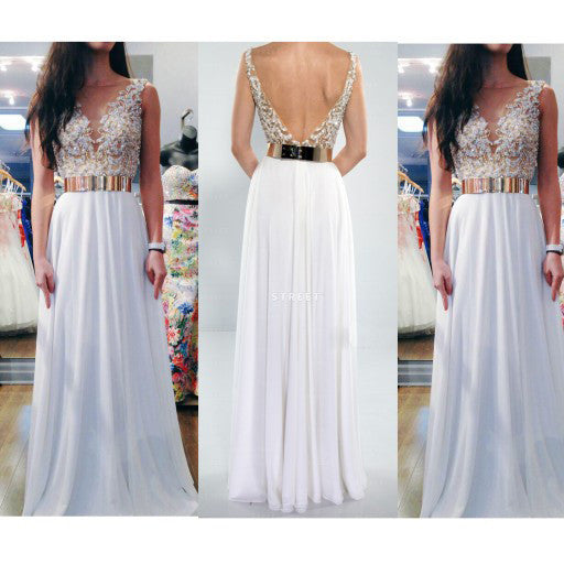 Women's Embroidered V - Neck Open - Back White Long Evening Dress