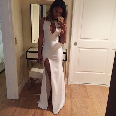 Women's Sleeveless Keyhole Neck High - Slit White Mermaid Evening Dress