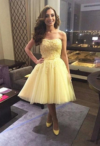 Women's Strapless Embellished Yellow Short Tulle Party Dress