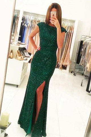 Open Back Cap Sleeves Front Split Long Prom  Evening Dress