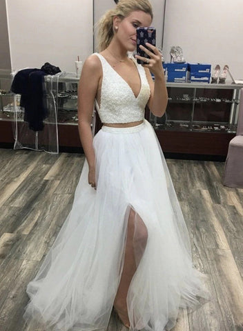 White V Neck Two Pieces A Line Beaded Long Prom Dresses
