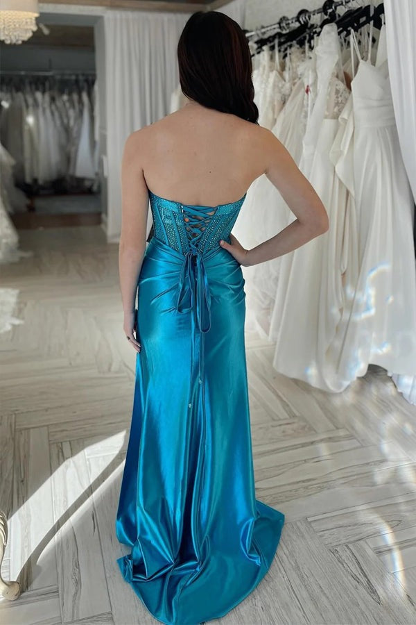 Teal Rhinestone Strapless Sheath Mermaid Prom Dresses,Formal Dress