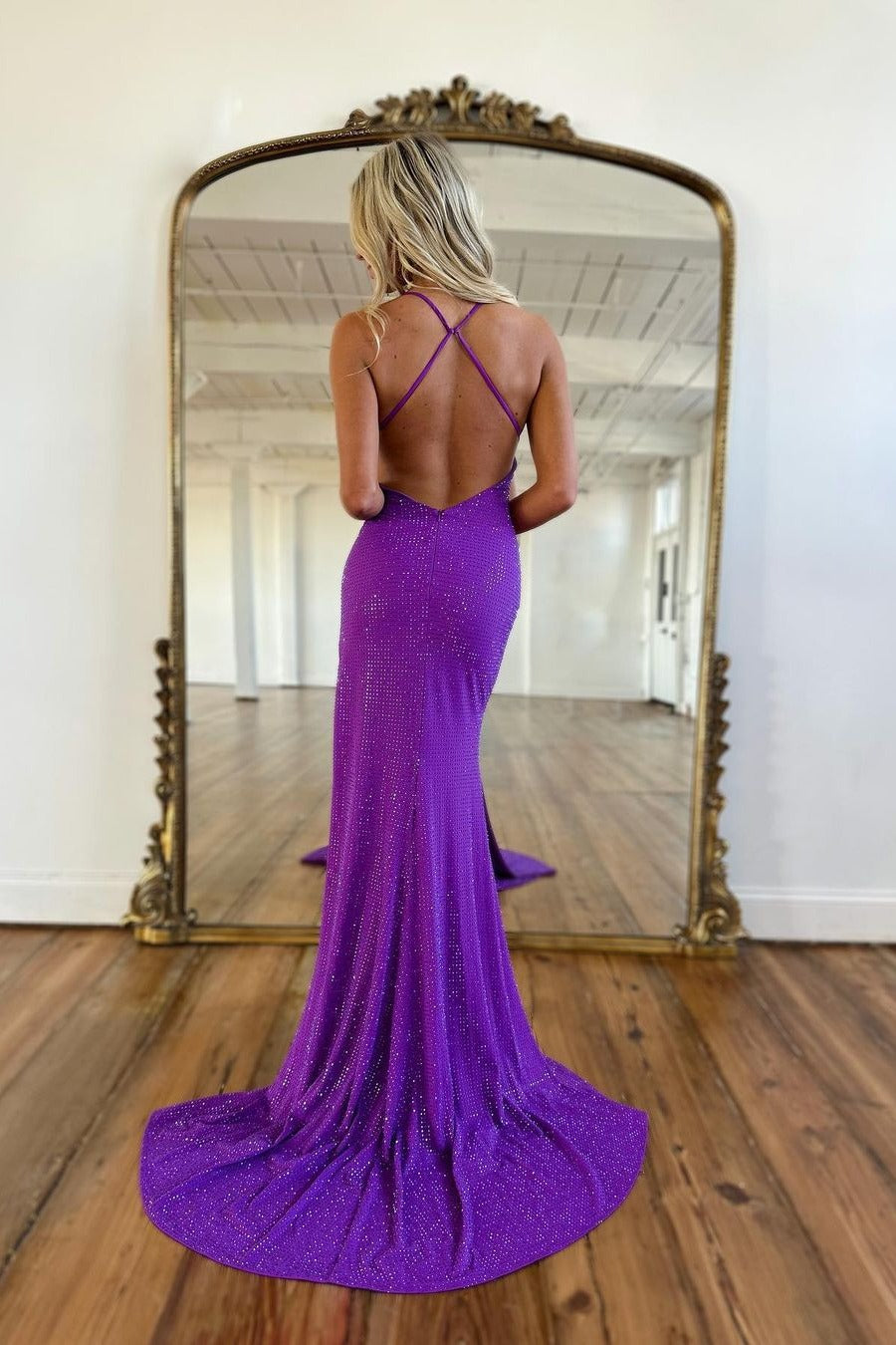 Sleeveless Backless Split  Sequins Prom Dress