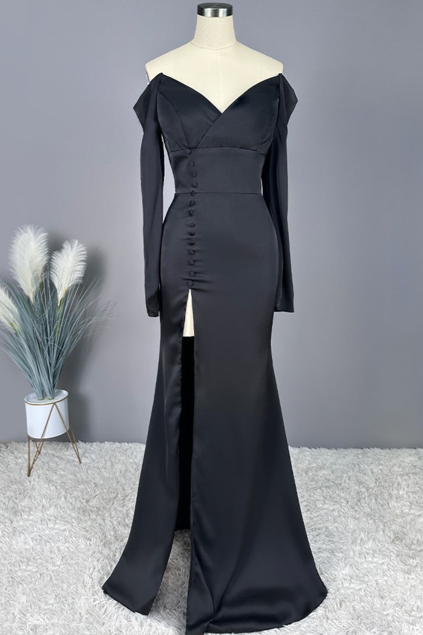 Off-the-Shoulder V-Neck Prom Gown with High Slit