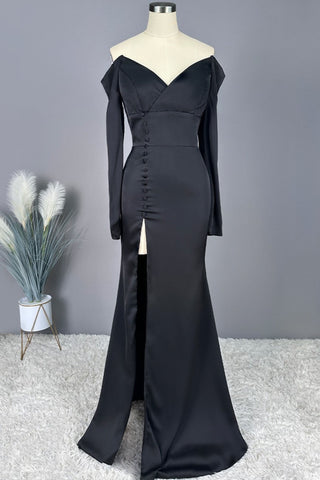 Off-the-Shoulder V-Neck Prom Gown with High Slit