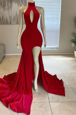 Ravishing Crimson Front Split Mermaid High-Neck Prom Gown