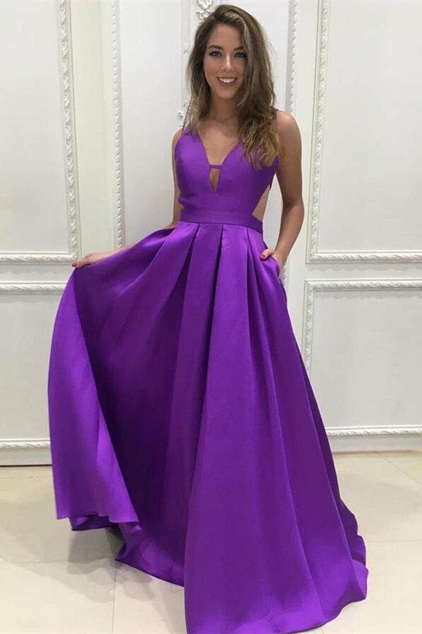 V-Neck Sleeveless A-Line Prom Gown with Convenient Pockets
