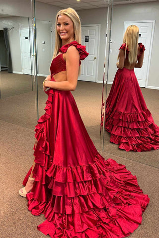 Straps Pleated Layered Ruffled Long Prom Dress