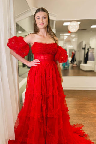 A-Line Strapless Long Corset Ruffled  Prom Dress