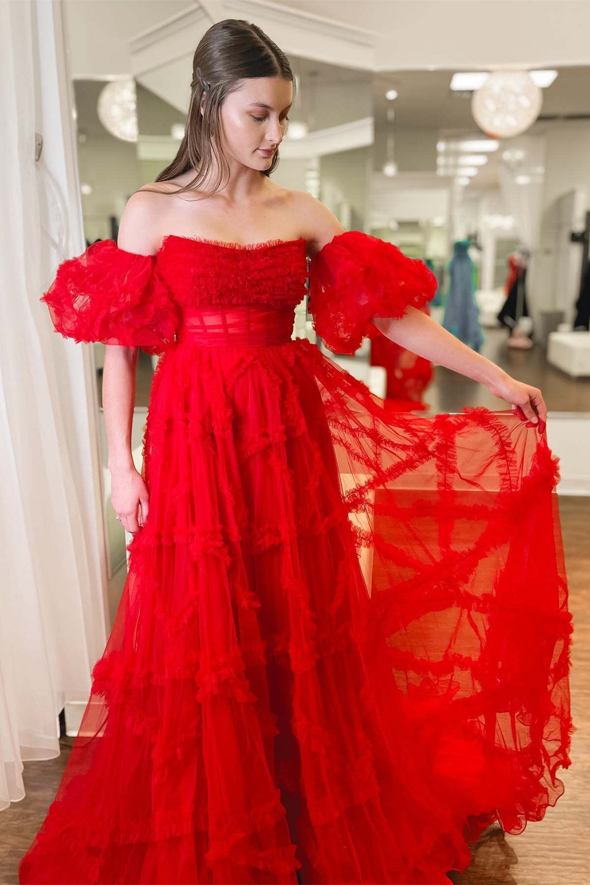 A-Line Strapless Long Corset Ruffled  Prom Dress