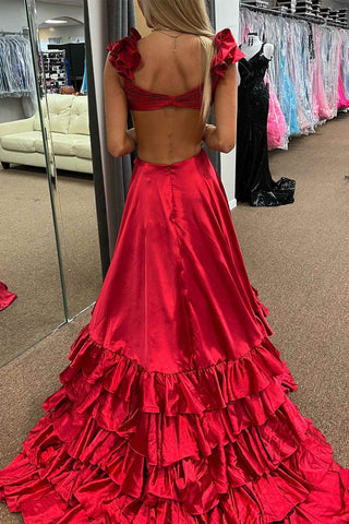 Straps Pleated Layered Ruffled Long Prom Dress