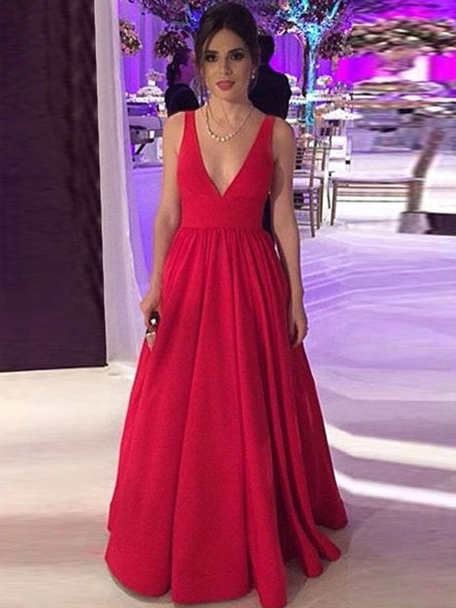 A Line V Neck Backless Long Prom Dress