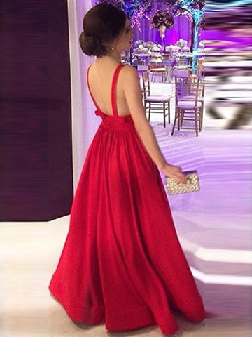 A Line V Neck Backless Long Prom Dress