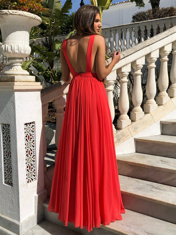 A Line V Neck Floor Length Pleated Chiffon Long Prom Dress