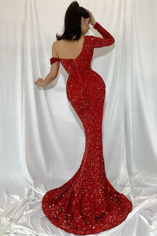 Red Mermaid One Shoulder Sequins Prom Dress with Split