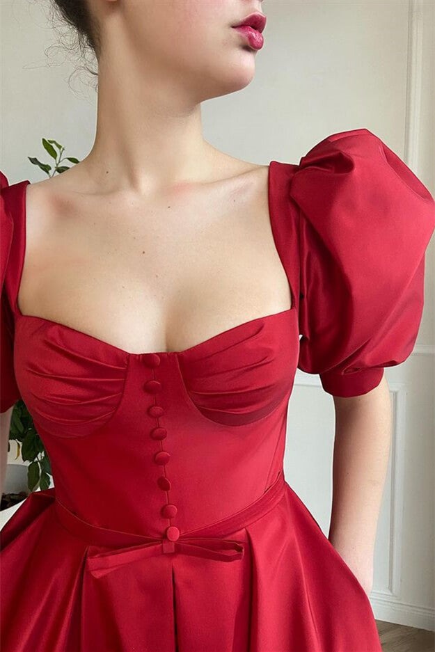 Split Front Short Prom Dress with Short Sleeves and Square Neckline