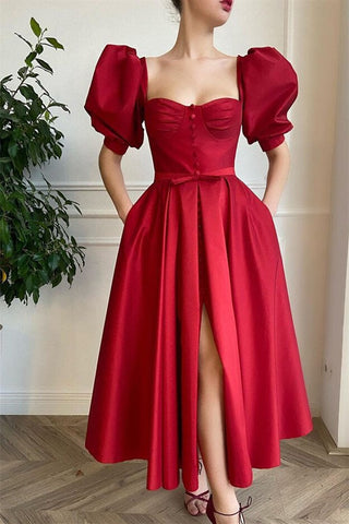 Split Front Short Prom Dress with Short Sleeves and Square Neckline