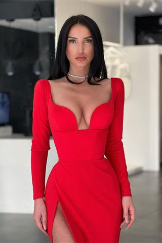 Mermaid Red Sweetheart Long Sleeves Prom Dress with Split
