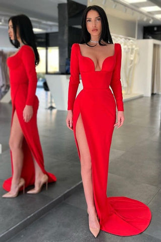 Mermaid Red Sweetheart Long Sleeves Prom Dress with Split