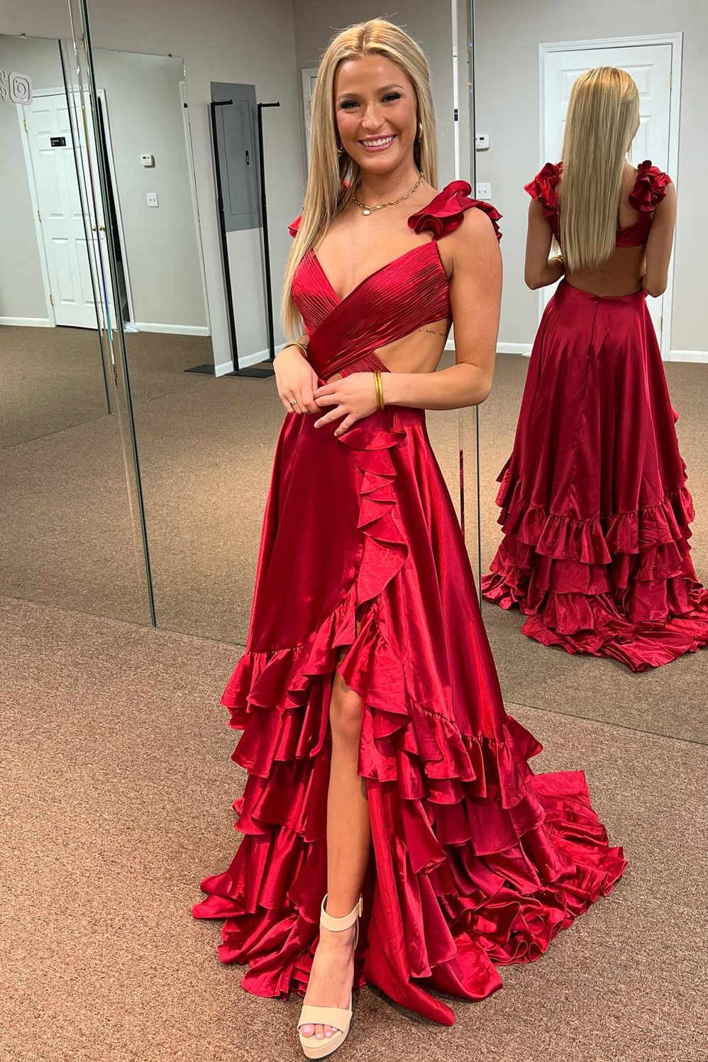 Straps Pleated Layered Ruffled Long Prom Dress