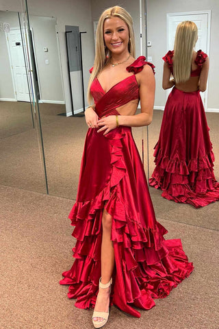Straps Pleated Layered Ruffled Long Prom Dress