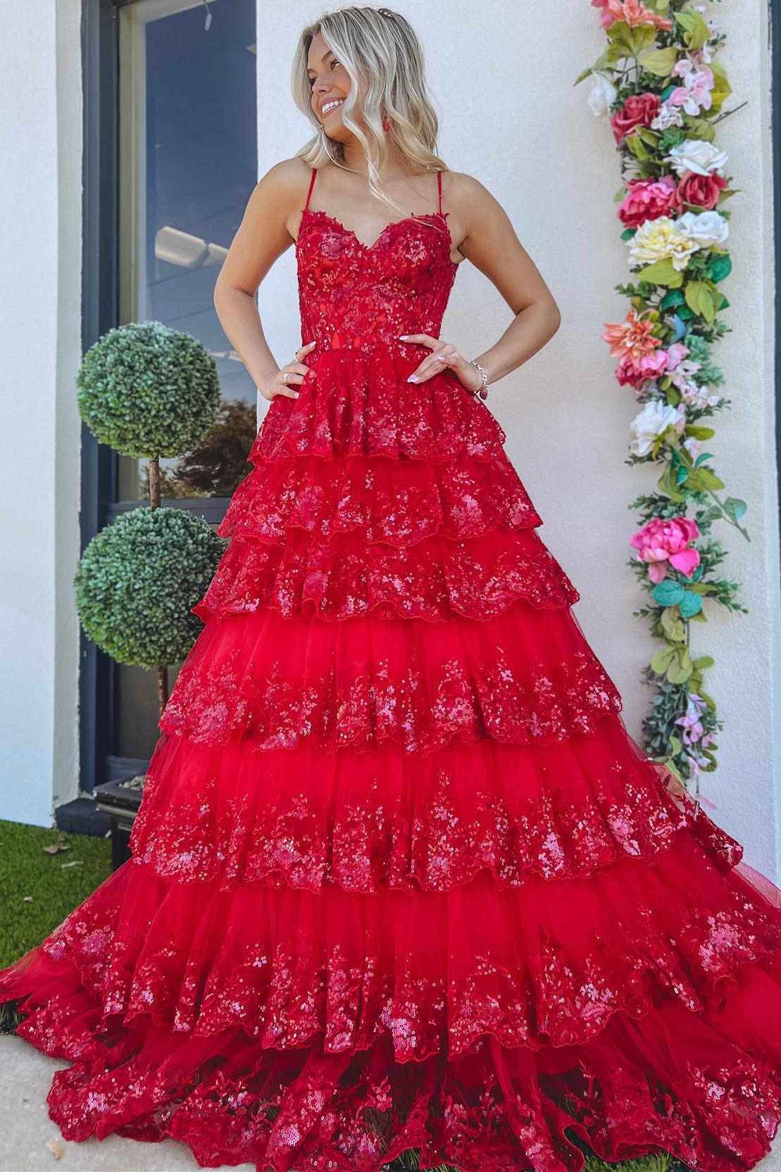 A-Line Spaghetti Straps Layered Prom Dress with Sequin