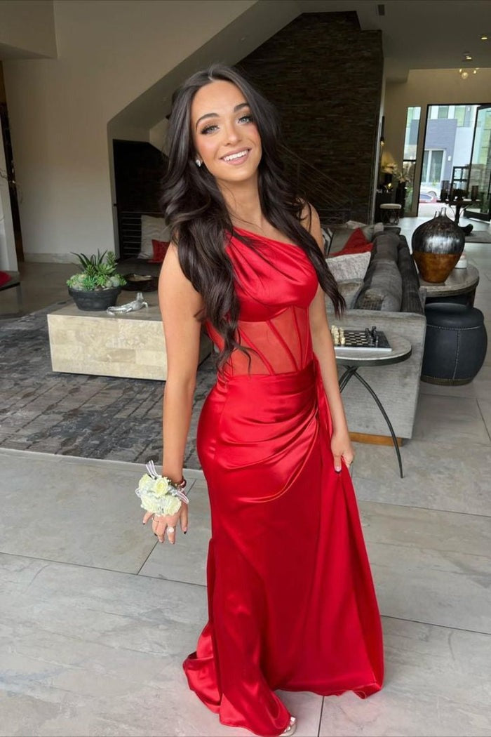 Long Sheath One Shoulder Pleated Satin  Prom Dress
