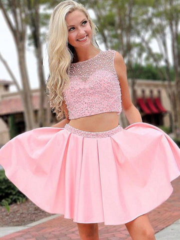 Round Neck two Pieces Beades Pink Prom,  Homecoming, Formal Dresses